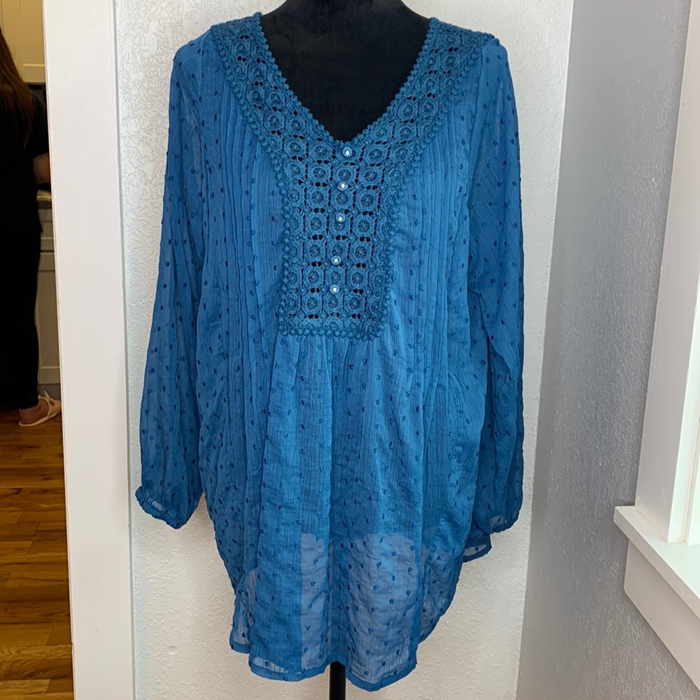 Boho Blue Sheer Swiss Dot Tunic Blouse XL Flowy Embroidered Coastal Resort Top